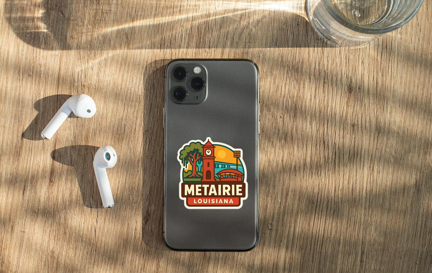 a smartphone with a sticker on the back, placed on a wooden surface alongside a pair of white earbuds and a glass of water.
