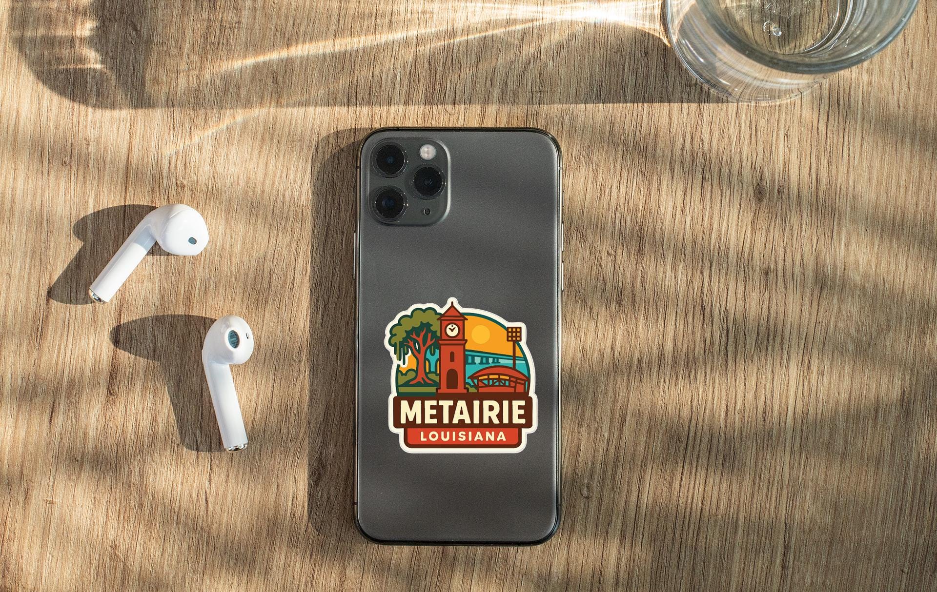 a smartphone with a sticker on the back, placed on a wooden surface alongside a pair of white earbuds and a glass of water.