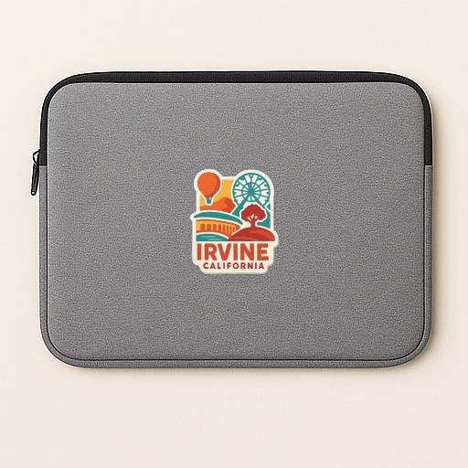 A gray laptop sleeve with a logo of Irvine, California.