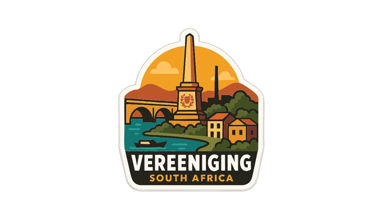 a sticker or emblem with a stylized illustration of a cityscape, including a tall obelisk, a bridge, and buildings. The text "Vereeniging South Africa" is prominently displayed, indicating the location or theme of the image.