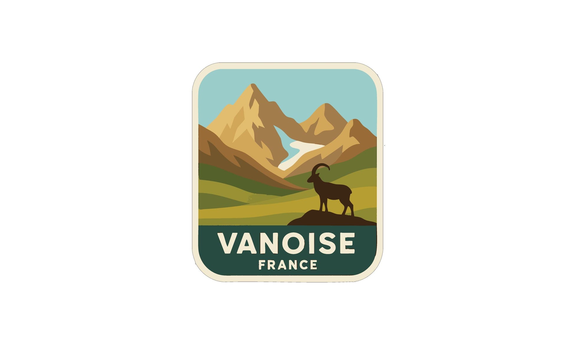 a mountain landscape with a goat standing on a rock, and the text "VANOISE FRANCE" below the mountain.