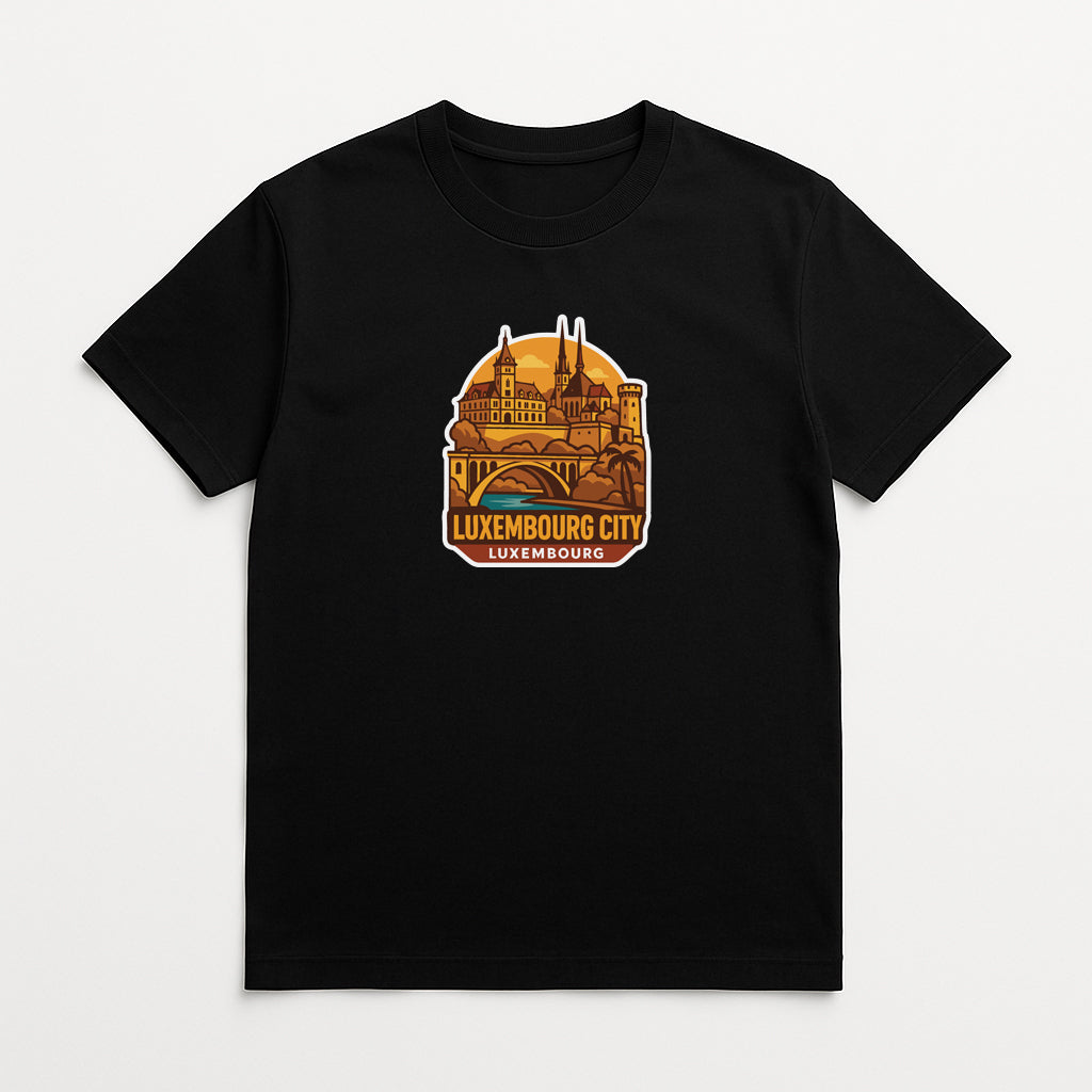 A black t-shirt with a graphic design depicting a city skyline, including a castle or palace-like structure, and the text "LUXEMBOURG CITY LUXEMBOURG" printed on it.