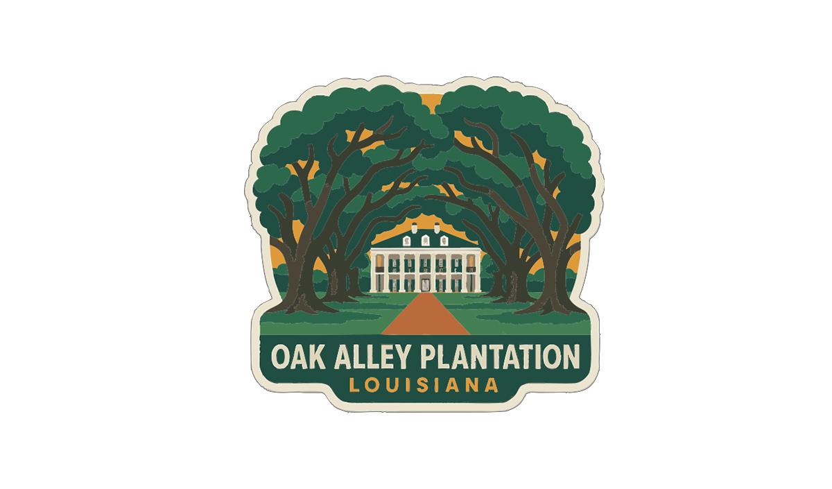 A sticker depicting the Oak Alley Plantation in Louisiana, featuring a large white house surrounded by a grove of trees with a path leading up to it.