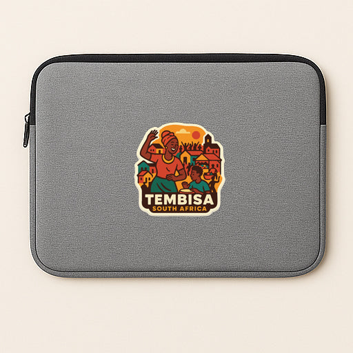 a gray laptop sleeve with a colorful, stylized sticker of a woman in a traditional African outfit, along with the text "TEMBISA SOUTH AFRICA".