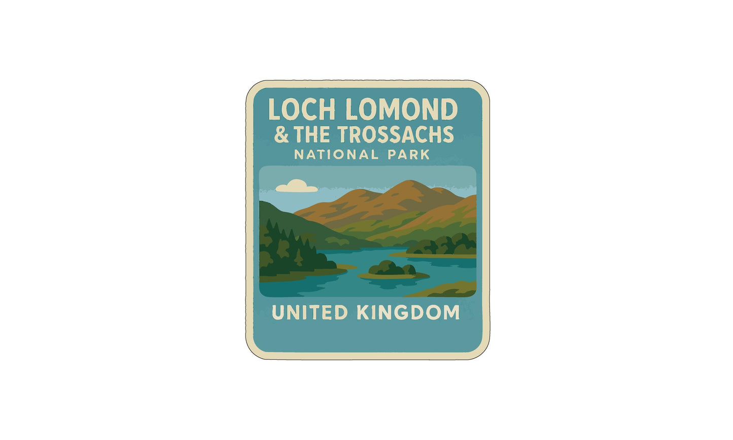 A vintage-style logo for Loch Lomond and the Trossachs National Park in the United Kingdom.