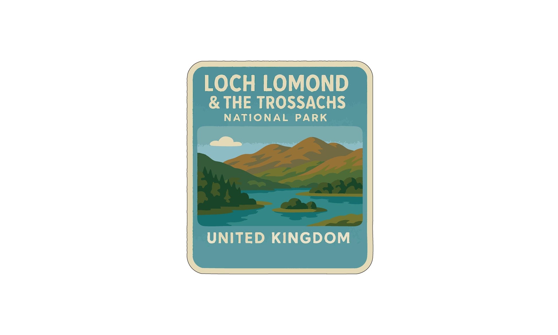 A vintage-style logo for Loch Lomond and the Trossachs National Park in the United Kingdom.
