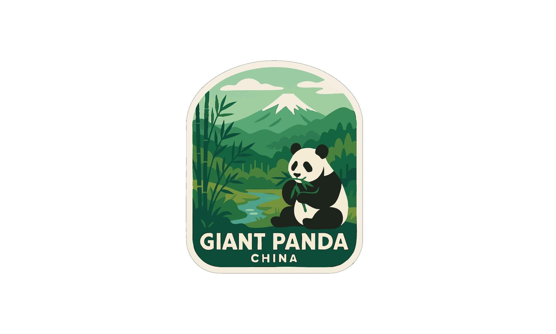 A panda bear sitting in a lush green forest with mountains in the background, surrounded by bamboo plants.