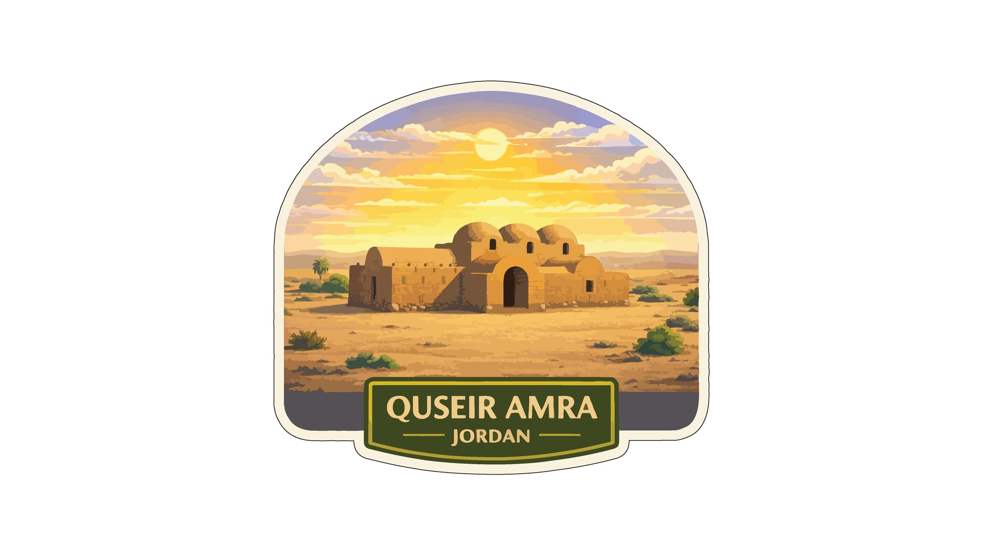 a desert-like landscape with a large, domed structure in the center, possibly a palace or other significant building. The sky is filled with clouds, and the sun is setting, casting a warm glow over the scene. The text "QUEIR AMRA JORDAN" is prominently displayed in the center of the image.