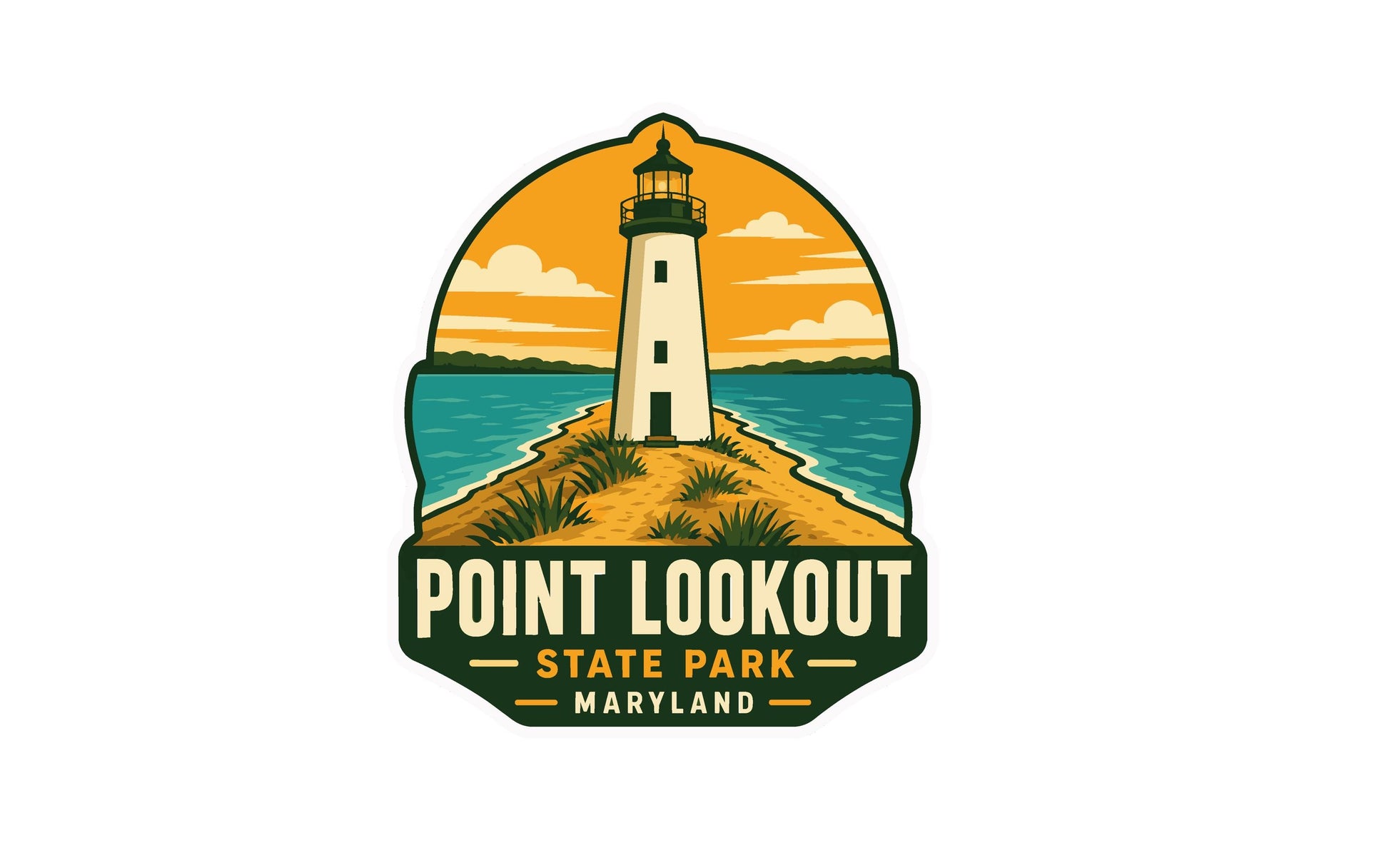 a lighthouse on a beach with a sunset in the background, and the text "Point Lookout State Park Maryland" below it.
