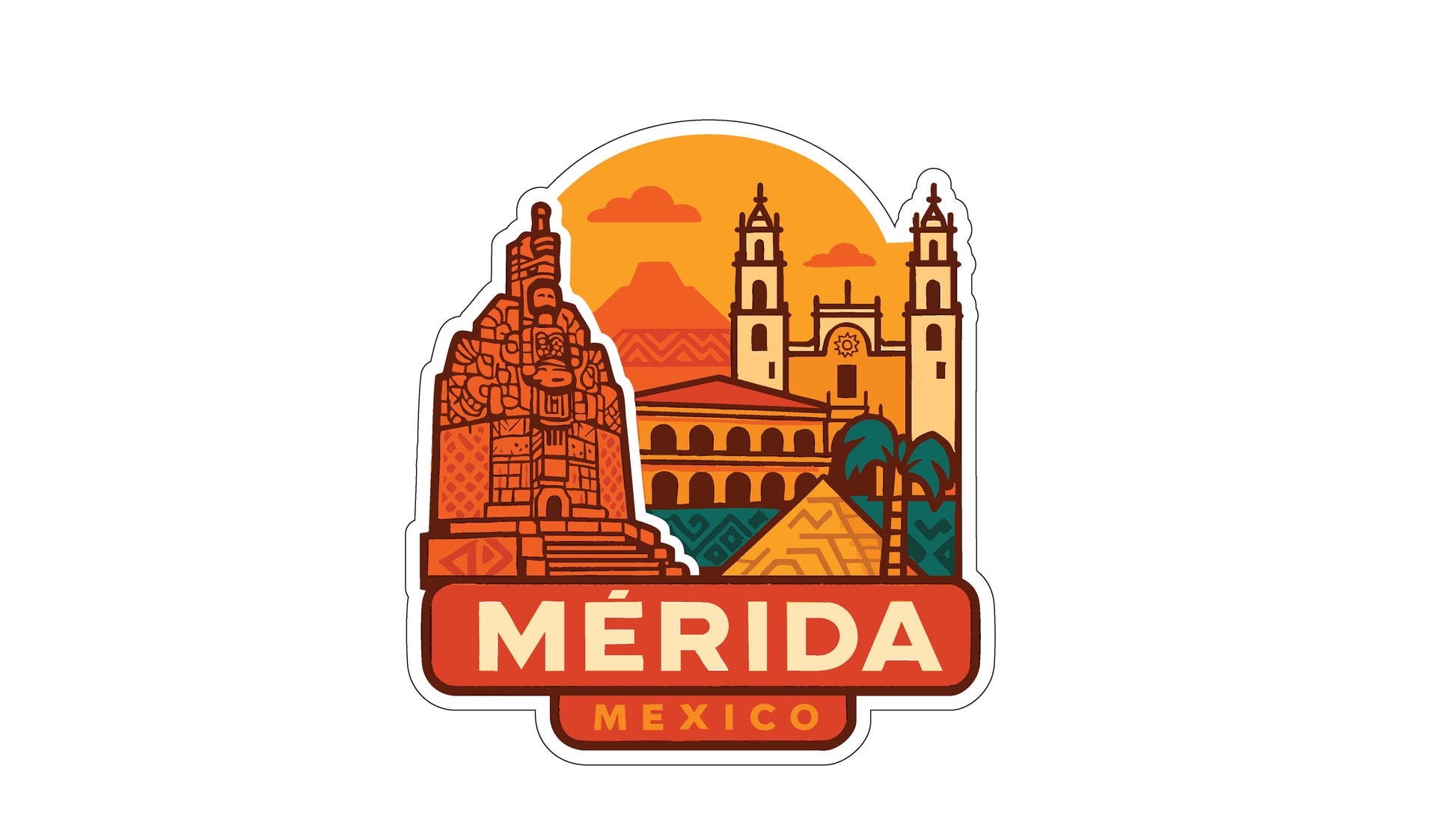 The image is a sticker or emblem featuring the city of Merida, Mexico. It includes various landmarks and buildings, such as a cathedral, a castle, and a pyramid, all set against an orange and yellow background. The text "MERIDÁ MEXICO" is prominently displayed, indicating the location of the city.