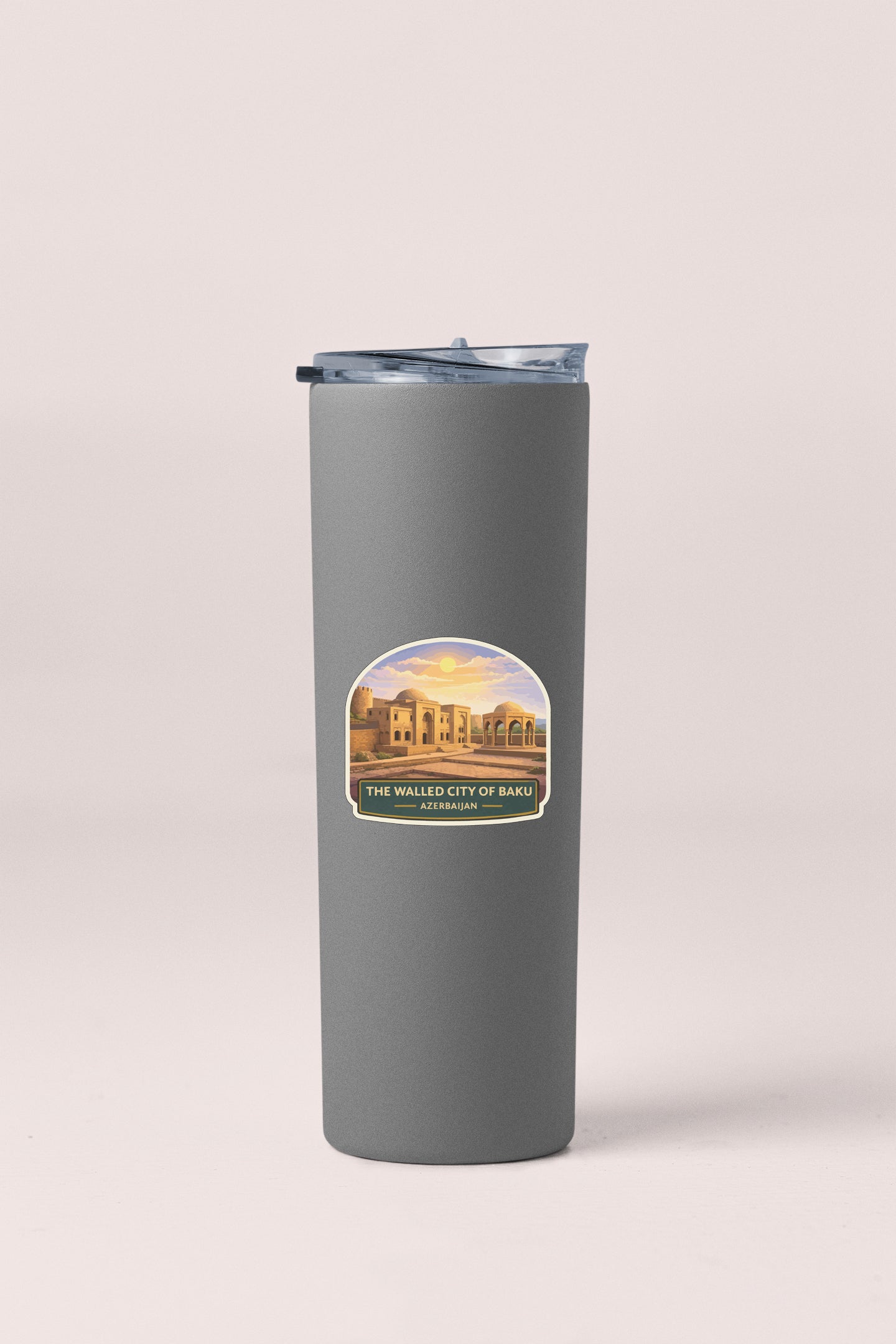 A gray insulated tumbler with a label that says "The Walled City of Baku, Azerbaijan".