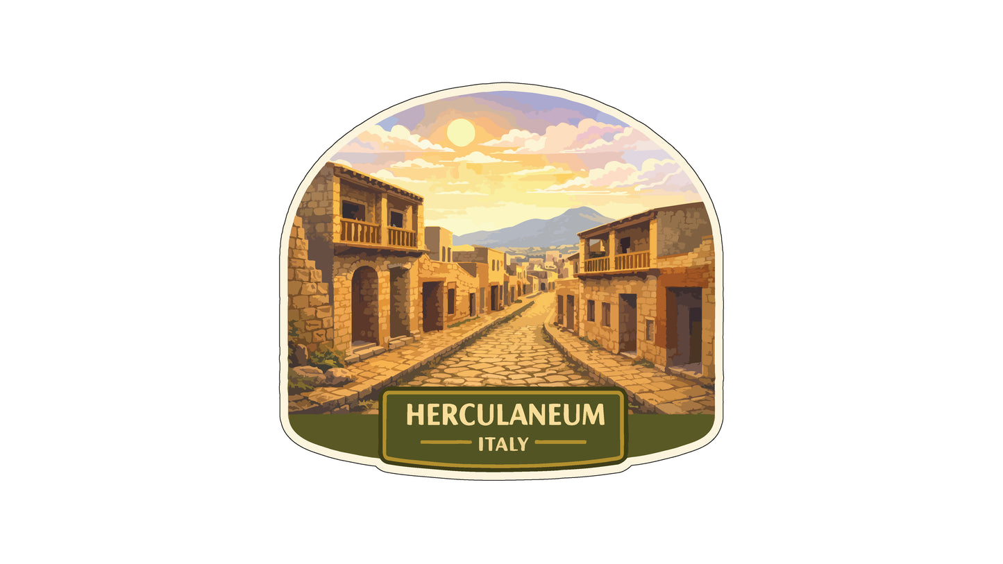 a picturesque street in Herculaneum, Italy, with buildings, a cobblestone road, and a sunset in the background.