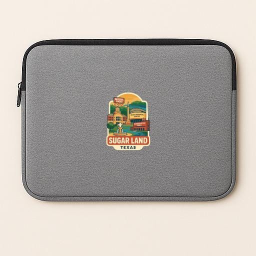 A gray laptop sleeve with a colorful sticker depicting Sugar Land, Texas.