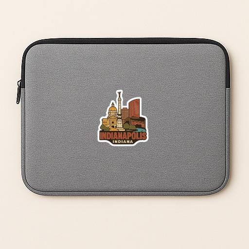 A gray laptop sleeve with a sticker of the Indianapolis skyline printed on it.