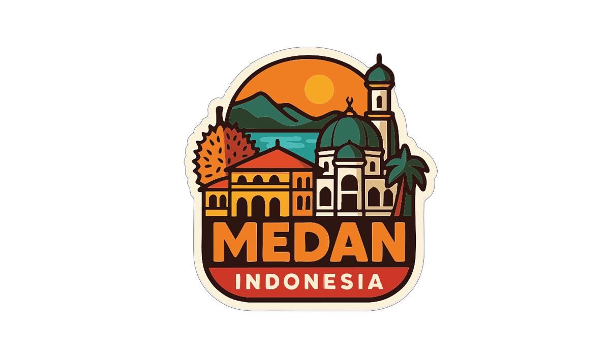 a sticker or logo with the text "MEDAN INDONESIA" and various stylized elements representing landmarks and scenery, such as a mosque, mountains, and a sunset.