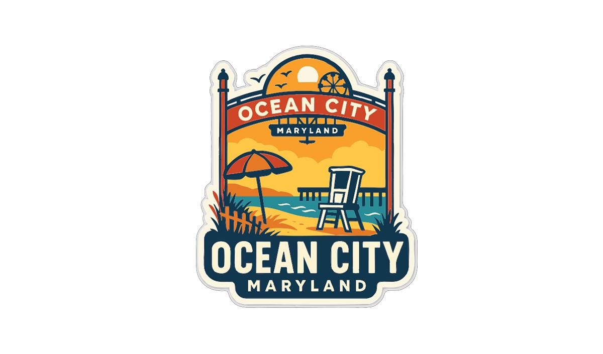 a sticker or emblem with a beach scene and a lifeguard chair, representing Ocean City, Maryland.
