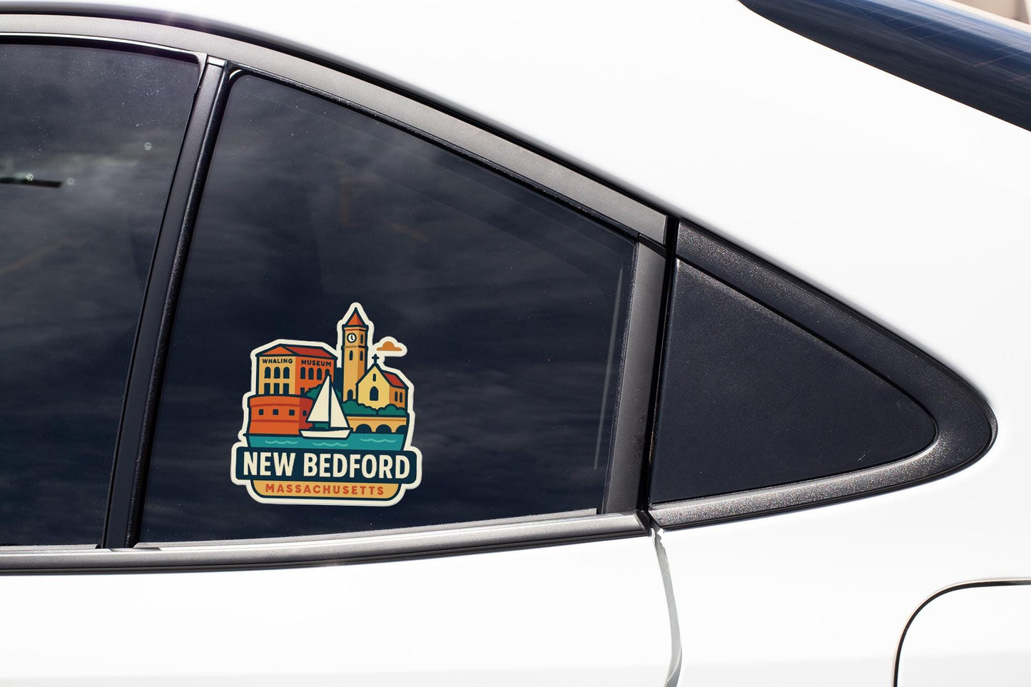 A sticker on the side of a car window, depicting a cityscape with a church and a sailboat, along with the text "NEW BEDFORD MASSACHUSETTS".
