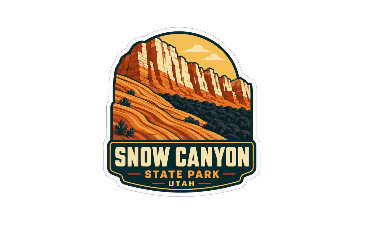 A sticker or emblem featuring a scenic landscape with mountains, desert terrain, and a cloudy sky. The text "SNOW CANYON STATE PARK UTAH" is prominently displayed, indicating the location of the landmark.