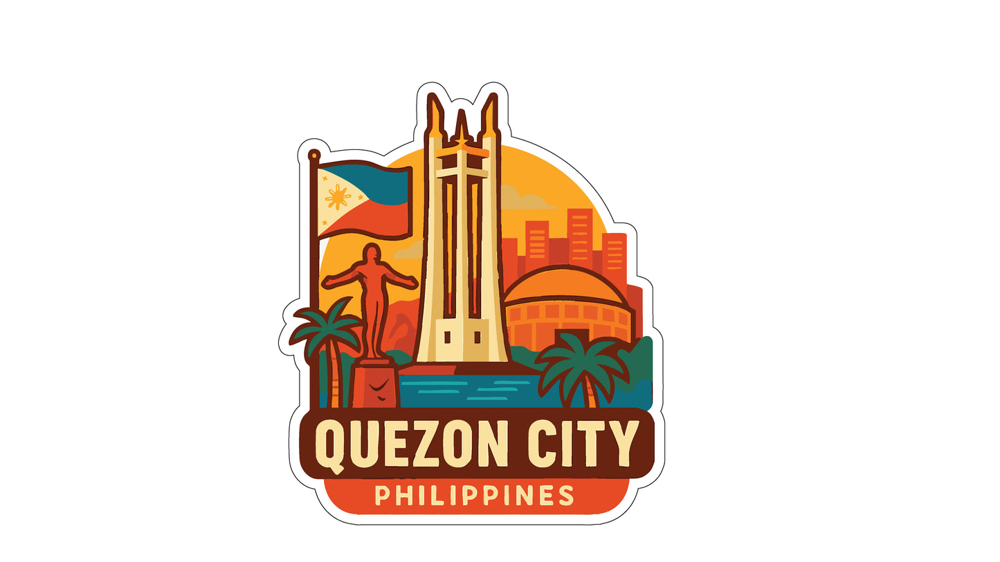 a sticker or emblem with the text "QUEZON CITY PHILIPPINES" and various icons representing the city of Quezon City, Philippines.