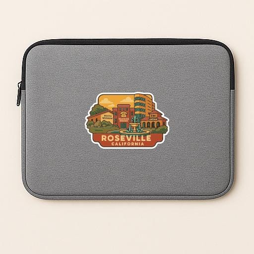 A gray laptop sleeve with a sticker depicting a cityscape and the text "Rosesville, California".