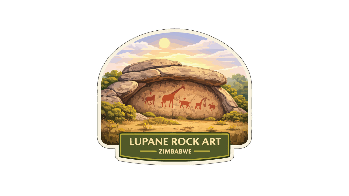 a rock formation with animal silhouettes carved into it, set against a backdrop of a cloudy sky and a sunset.
