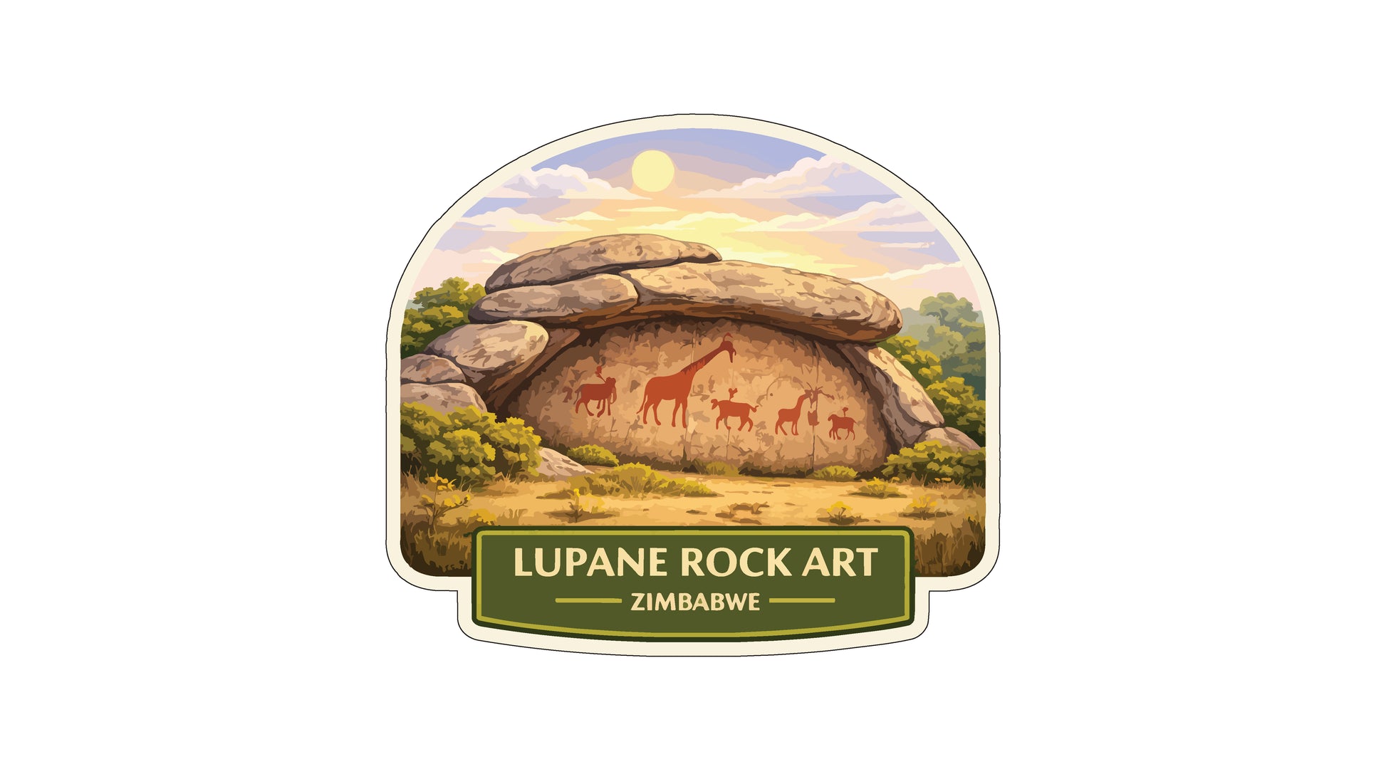 a rock formation with animal silhouettes carved into it, set against a backdrop of a cloudy sky and a sunset.