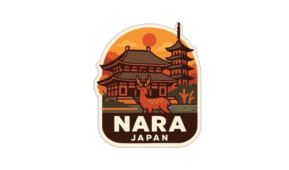A sticker depicting a temple with a deer in the foreground, set against a sunset background.