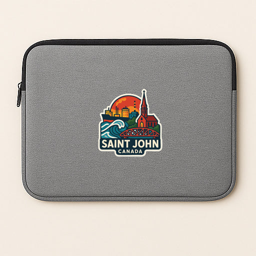 A gray laptop sleeve with a colorful logo of Saint John, Canada.