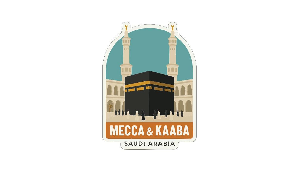 a sticker or emblem depicting the Kaaba, the most sacred site in Islam, with two tall minarets and a black cube-shaped structure in the center. The text "MECCA & KABA SAUDI ARABIA" is displayed below the image.