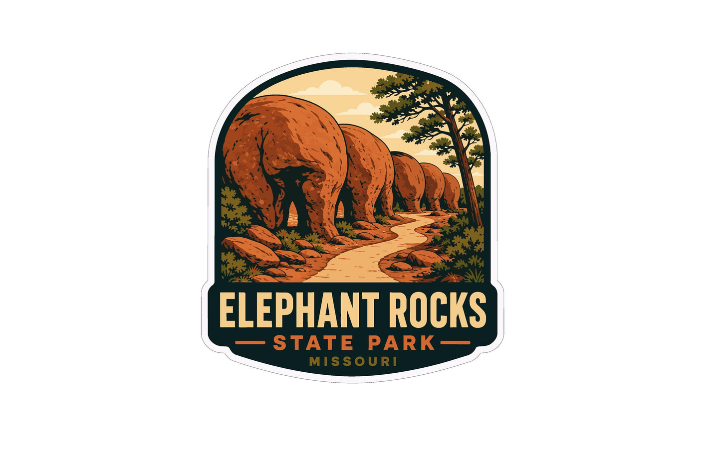 a sticker or emblem with an illustration of a scenic landscape, including a winding path, trees, and large rocks. The text "Elephant Rocks State Park" is prominently displayed, indicating the location or theme of the image.