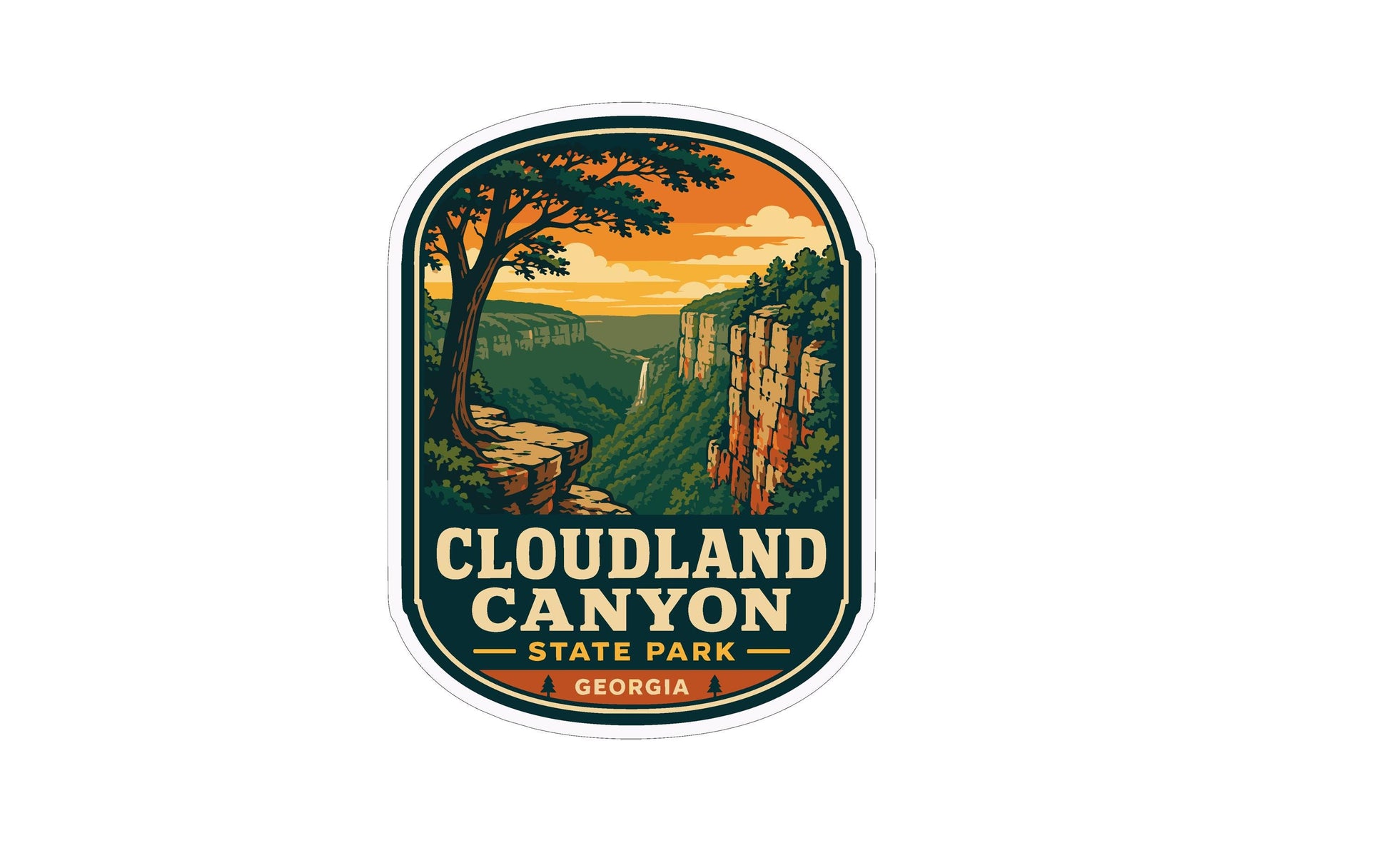 a sticker or label with a scenic illustration of Cloudland Canyon, a state park in Georgia.