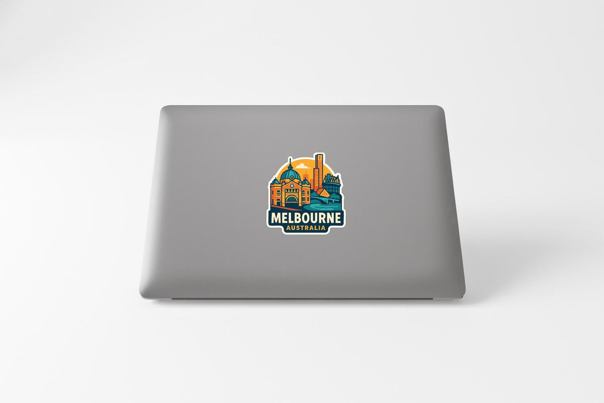 a sticker or decal of Melbourne, Australia, on the back of a laptop computer.