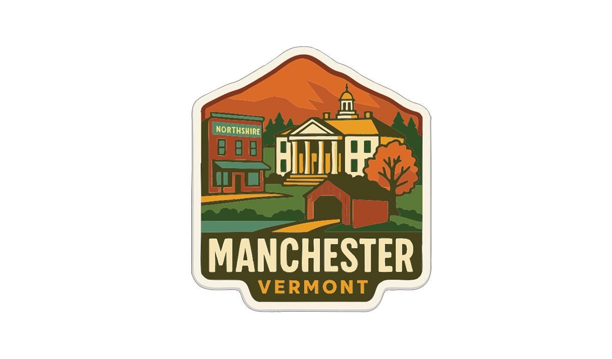 The image is a sticker or emblem featuring a stylized illustration of a town or city, with buildings, a bridge, and a mountain in the background.