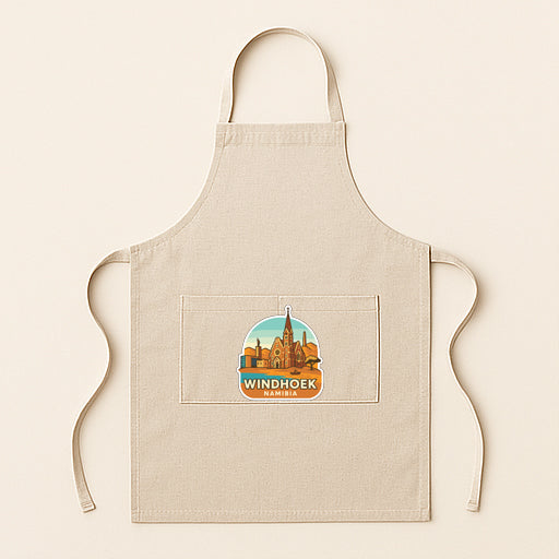 A beige apricot with a graphic of a city skyline on the front pocket.
