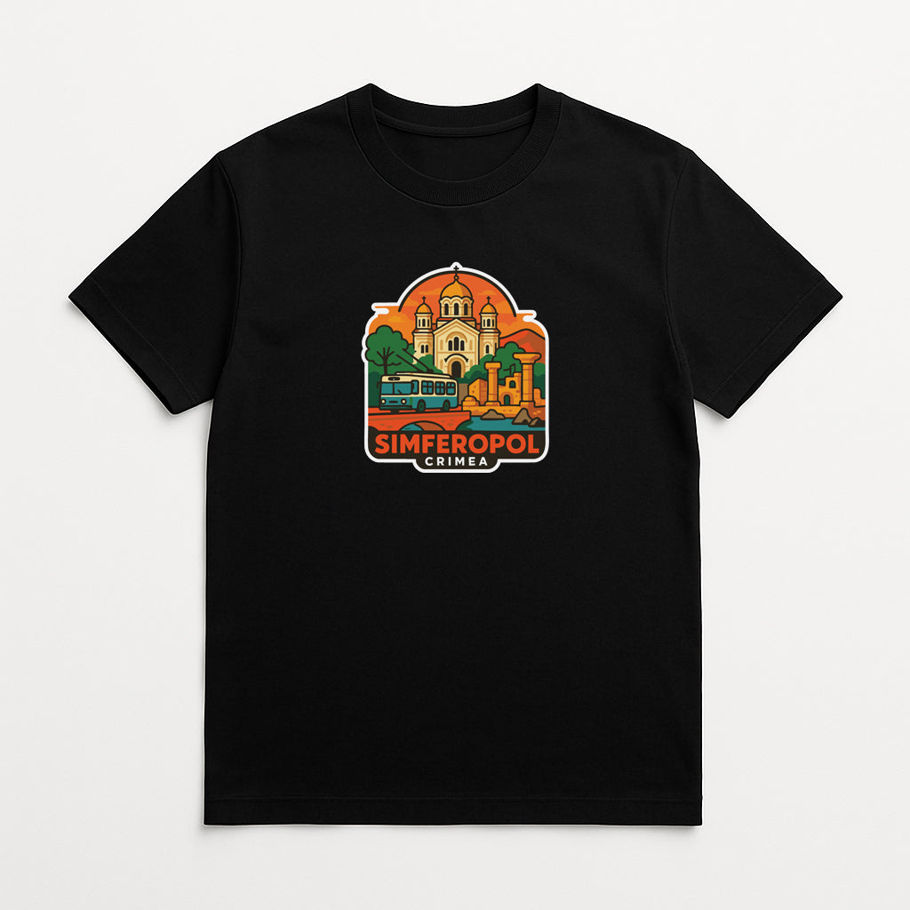 A black t-shirt with a colorful graphic design depicting a building and landscape.