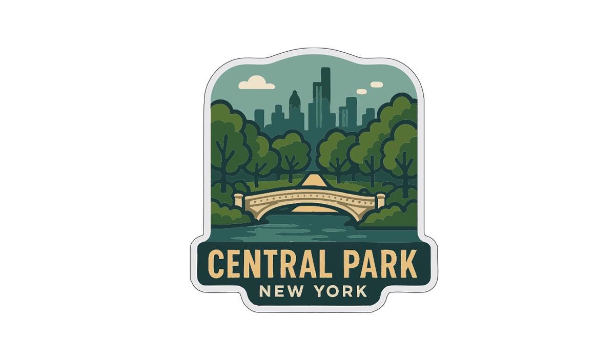 A sticker or emblem featuring the Central Park in New York, with a bridge and trees in the background.