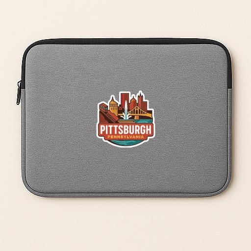 A gray laptop sleeve with a Pittsburgh Pennsylvania logo printed on it.