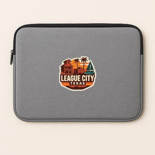 A gray laptop sleeve with a logo for League City, Texas.