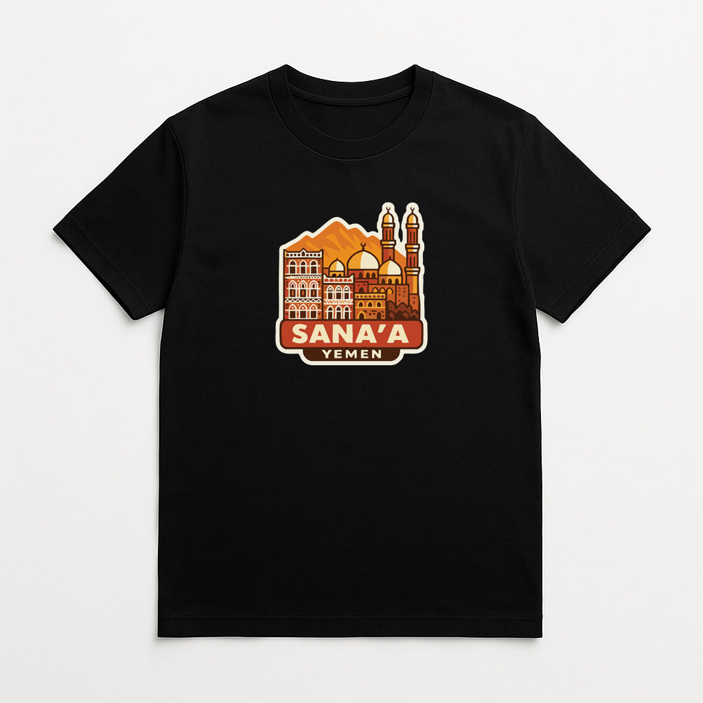 A black t-shirt with a graphic design depicting a city skyline, including a mosque and other buildings, along with the text "Sana'a Yemen".