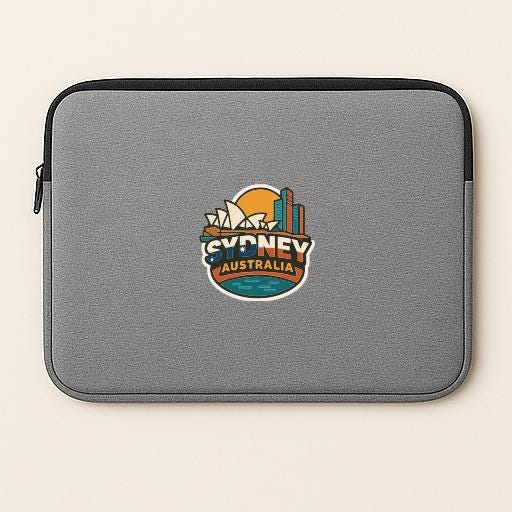 A gray laptop sleeve with a logo of Sydney, Australia printed on it.
