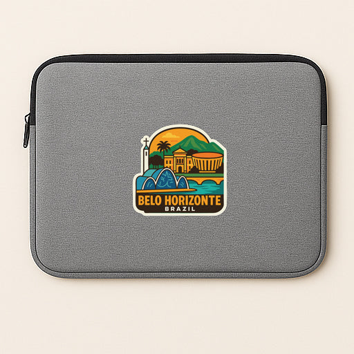 a gray laptop sleeve with a colorful sticker depicting Belo Horizonte, Brazil.
