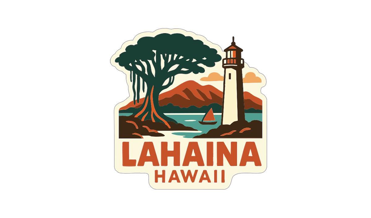 A sticker depicting a lighthouse and a tree, with the text "LHAINA HAWAII" below.