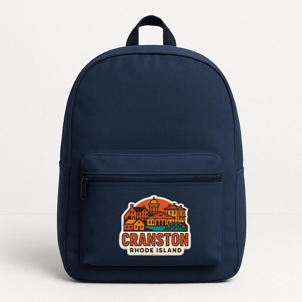 A navy blue backpack with a graphic of Cranston, Rhode Island on the front.