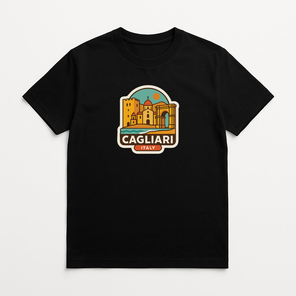 A black t-shirt with a graphic design depicting a cityscape and the text "CAGLIARI ITALY" printed on it.