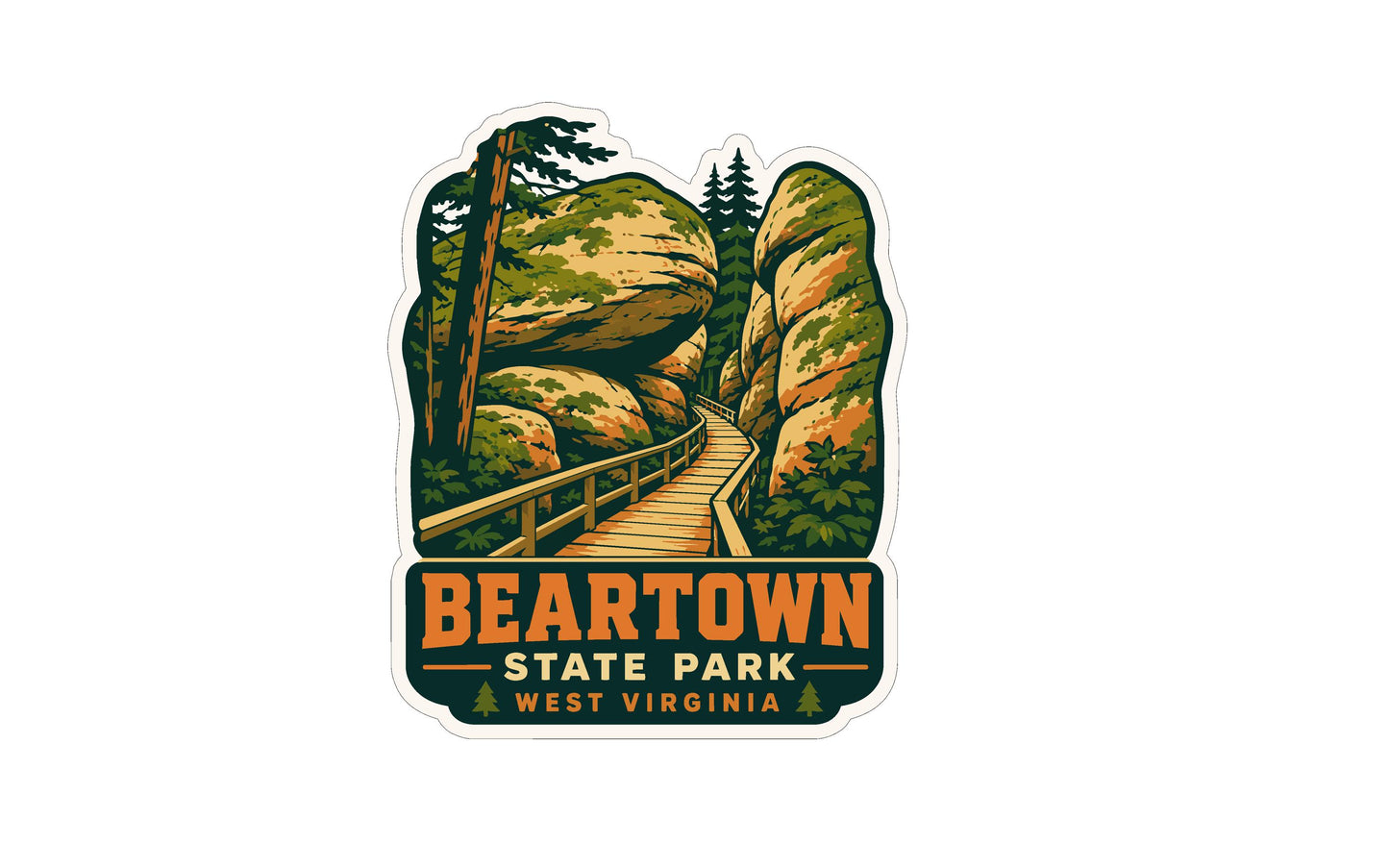 A sticker or logo depicting a scenic trail leading through a forested area with large rocks and pine trees, with the text "BEARTOWN STATE PARK WEST VIRGINIA" prominently displayed.