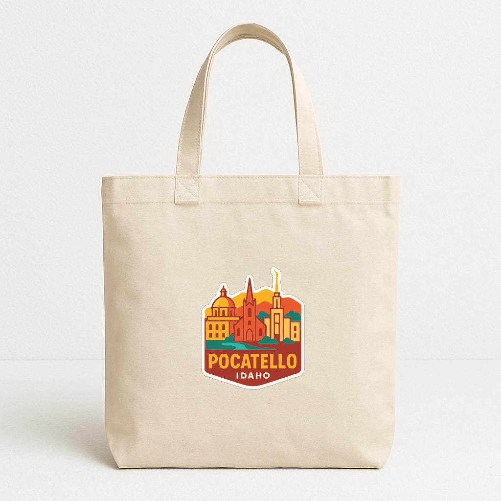 A beige tote bag with a graphic design featuring the city of Pocatello, Idaho.