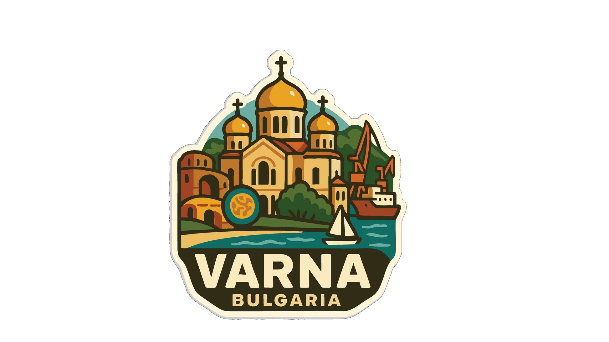 a sticker or emblem with a stylized illustration of a cityscape, including domes, buildings, a boat, and a river. The text "VARNA BULGARIA" is prominently displayed, indicating the location of the city.