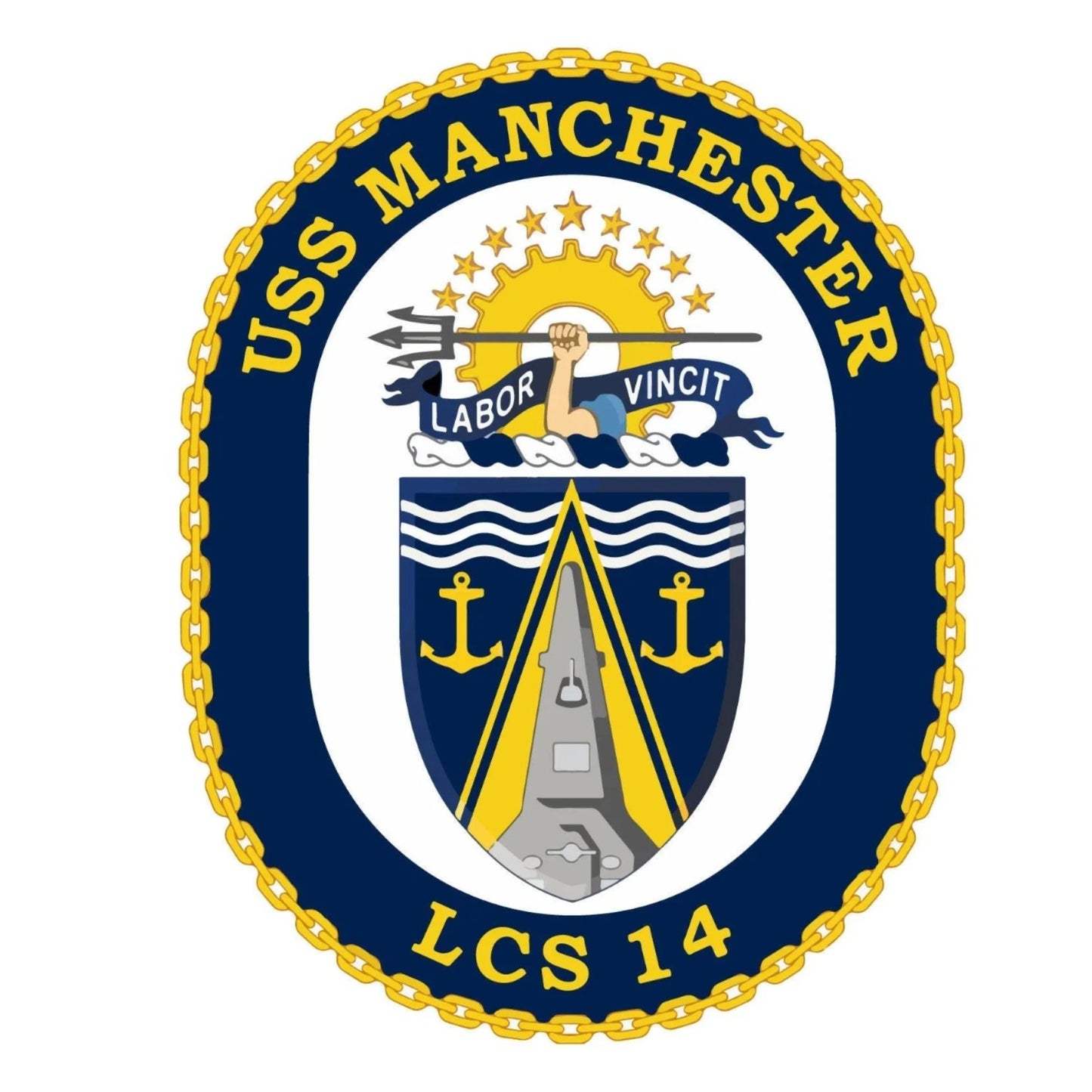 a navy seal emblem with the text "USSS MANCHESTER" and "LABOR VINCIT" prominently displayed. The seal also includes a shield with a trident and anchors, and the text "LCS 14" is visible. The overall design is simple and straightforward, with no additional text or decorative elements.