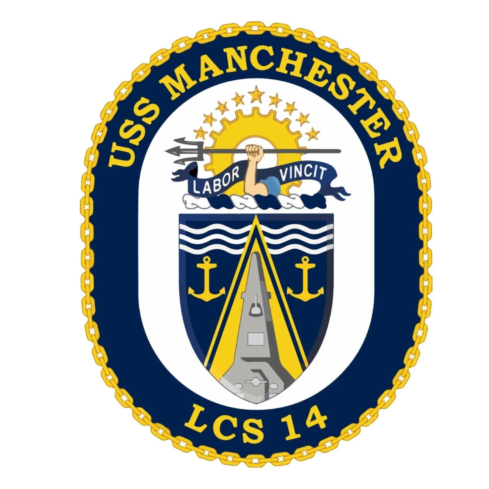 a navy seal emblem with the text "USSS MANCHESTER" and "LABOR VINCIT" prominently displayed. The seal also includes a shield with a trident and anchors, and the text "LCS 14" is visible. The overall design is simple and straightforward, with no additional text or decorative elements.