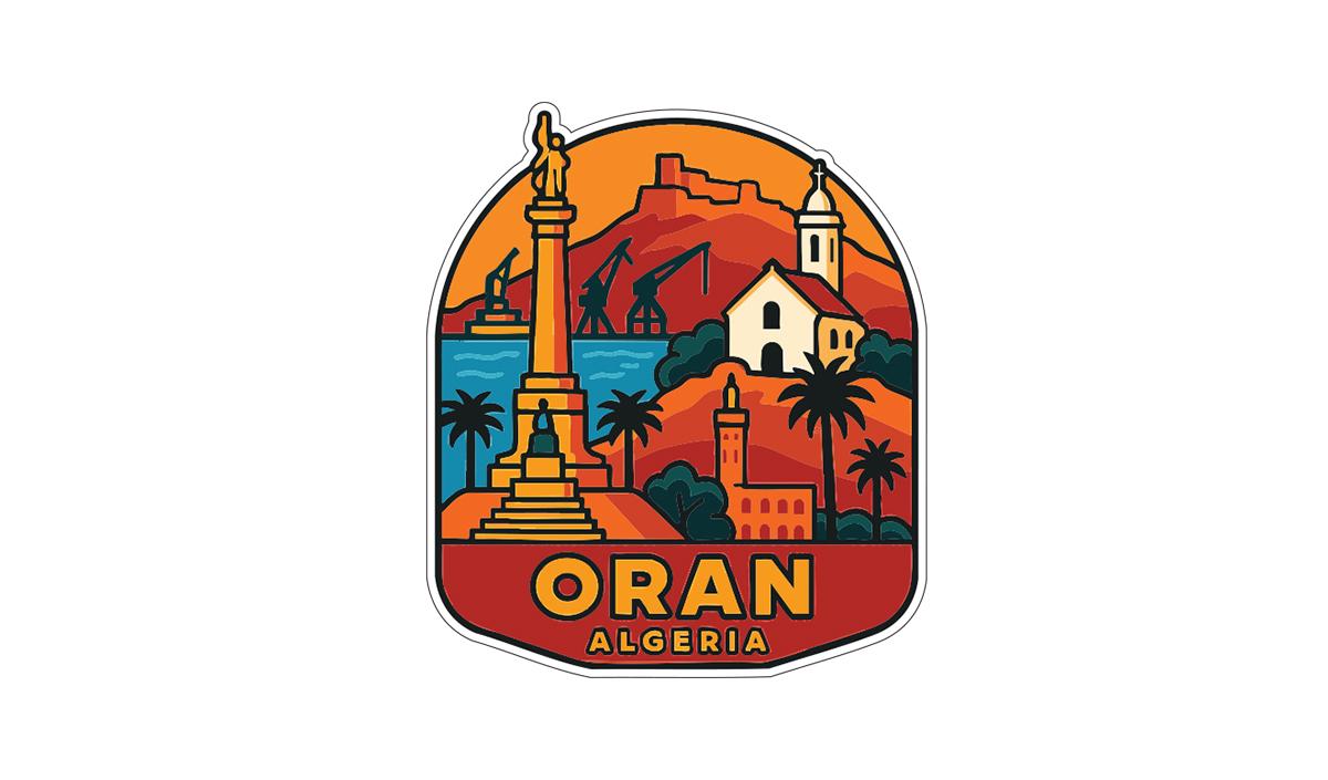 a colorful illustration of a cityscape with various landmarks, including a tall monument, a church, and palm trees, set against a backdrop of mountains and a body of water.